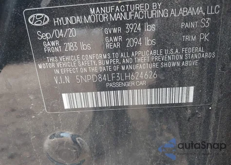 2020 Hyundai Elantra Sel z USA, uszkodzony, nr VIN 5NPD84LF3LH624626